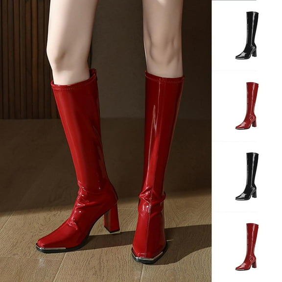 Knee-High Patent Leather Boots Thick Heel Square Toe Women's Casual Winter Footwear Stylish Design Comfortable Fit