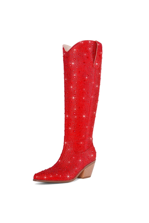 Knee High Rhinestone Cowgirl Boots Sparkly Bling Cowboy Boots for Women Western Chunky Heel Fashion Comfortable Side Zipper