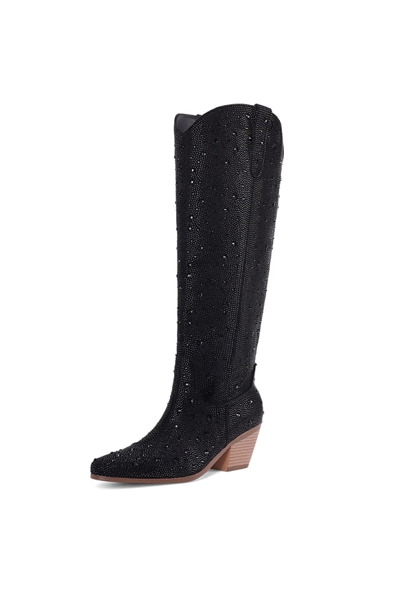 Knee High Rhinestone Cowgirl Boots Sparkly Bling Cowboy Boots for Women Western Chunky Heel Fashion Comfortable Side Zipper
