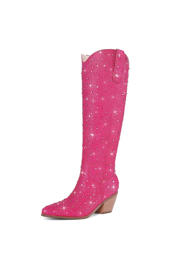Knee High Rhinestone Cowgirl Boots Sparkly Bling Cowboy Boots for Women Western Chunky Heel Fashion Comfortable Side Zipper