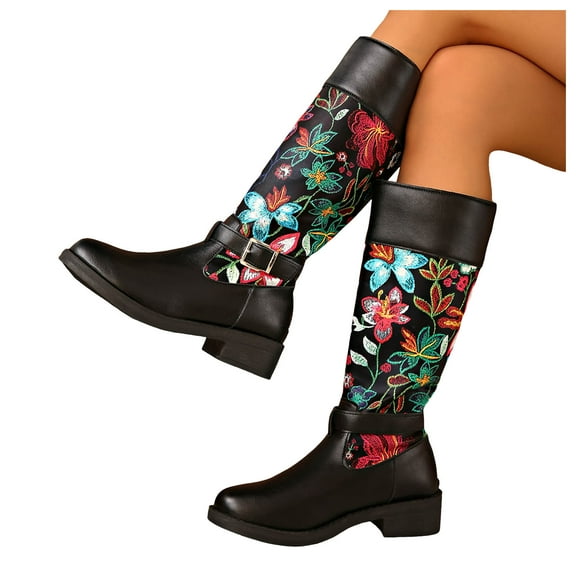 Knee High Riding Boots Women Floral Print Back Zipper Round Toe Buckle Strap Tall Motorcycle Booties