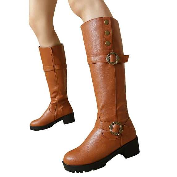 Knee High Riding Boots Women Vintage Leather Buckle Strap Chunky Heel Dress Long Boots Side Zipper Round Toe Tall Motorcycle Boots Yellow 9