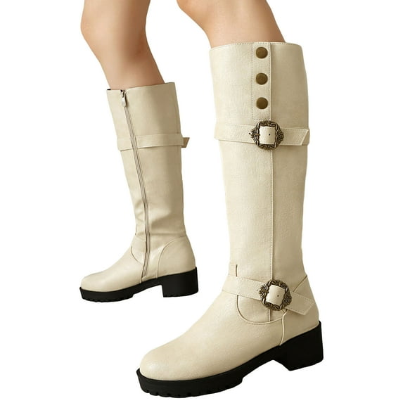 Knee High Riding Boots Women Vintage Leather Buckle Strap Chunky Heel Dress Long Boots Side Zipper Round Toe Tall Motorcycle Boots Beige 6