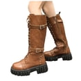thumbnail image 1 of Knee High Riding Boots for Women Vintage Leather Gothic Studded Buckle Straps Lace up Zipper Over the Knee Platform Tall Booties, 1 of 6