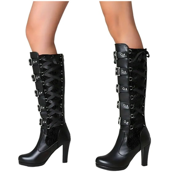 Knee High Riding Combat Boots for Women Gothic Lace Leather Platform Stiletto High Heels Tall Dress Boots Black
