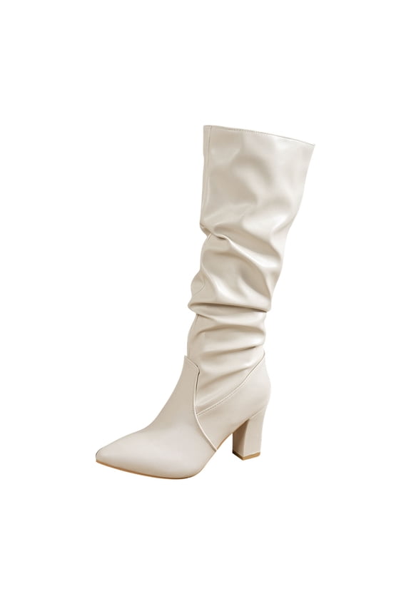 Knee High Slouchy Boots Chunky Heel Faux Leather Women's Casual Winter Fashion Versatile Long Boots for Everyday Wear