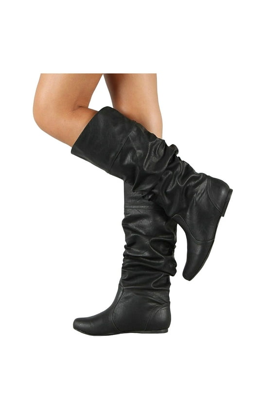 Knee High Slouchy Boots for Women 2025 Casual Pleated Leather No Heels Flat Wide Mid Calf Dress Tall Boots Black