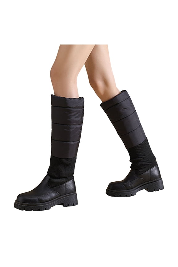 Knee High Snow Boots for Women Warm Furry Lined Fold Over Stretch Knit Long Chelsea Boots Pull on Platform Lug Sole Mid Calf Booties Black Size 7.5