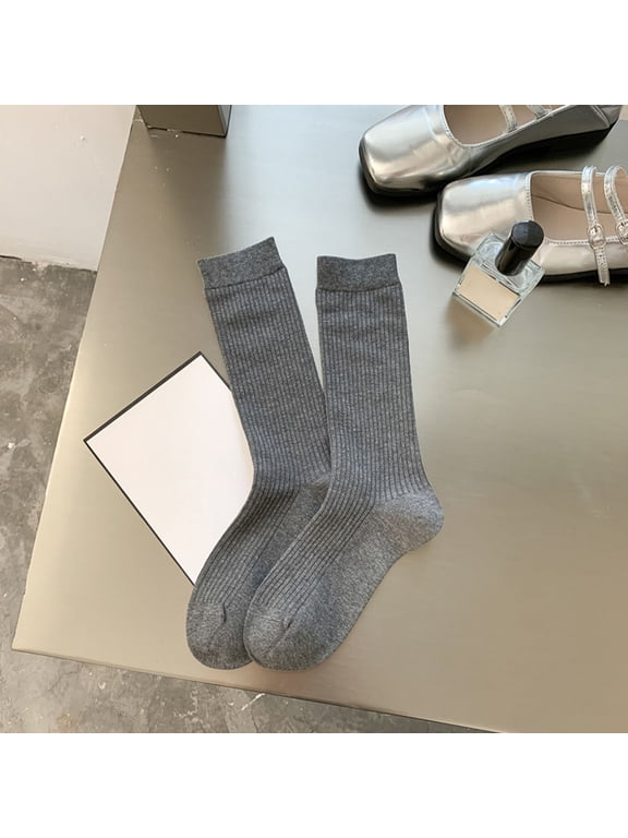 Knee High Socks Ribbed Crew Socks Womens Stretchy Solid Color Casual Socks for Daily Wear Dark Gray One Size