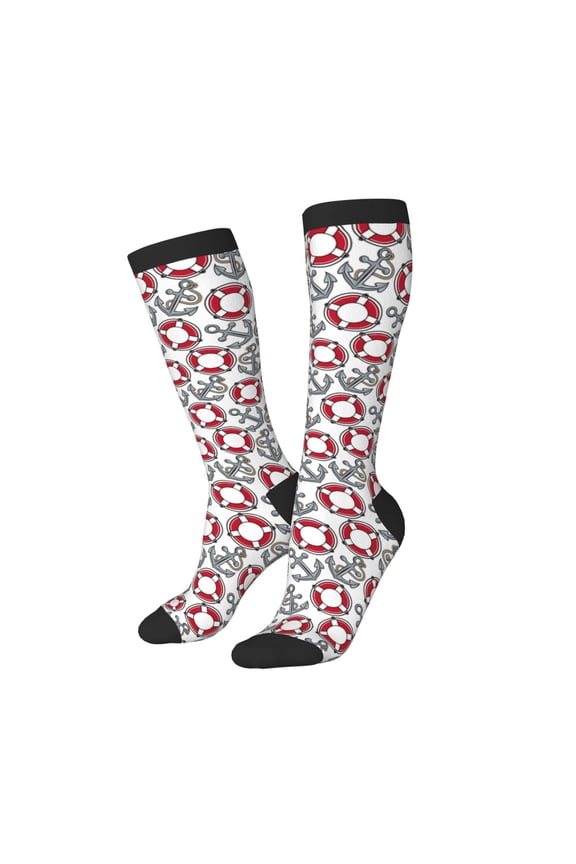 Knee High Socks for Women Men Athletic - Anchors life buoys vintage print Thigh-High Black Sole Comfort Breathable Long Socks for Casual Travel Running