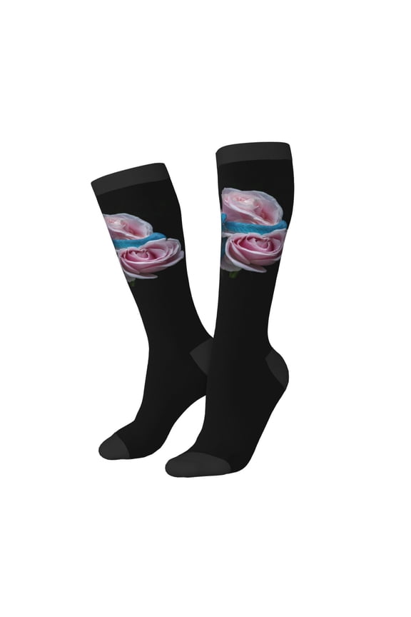 Knee High Socks for Women Men Athletic - Blue Lipped Pit Viper And Three Pink Roses Thigh-High Black Sole Comfort Breathable Long Socks for Casual Travel Running