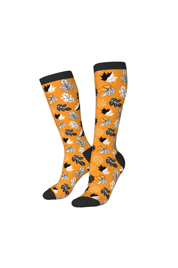 Knee High Socks for Women Men Athletic - Bold Black and White Leaves Orange Thigh-High Black Sole Comfort Breathable Long Socks for Casual Travel Running