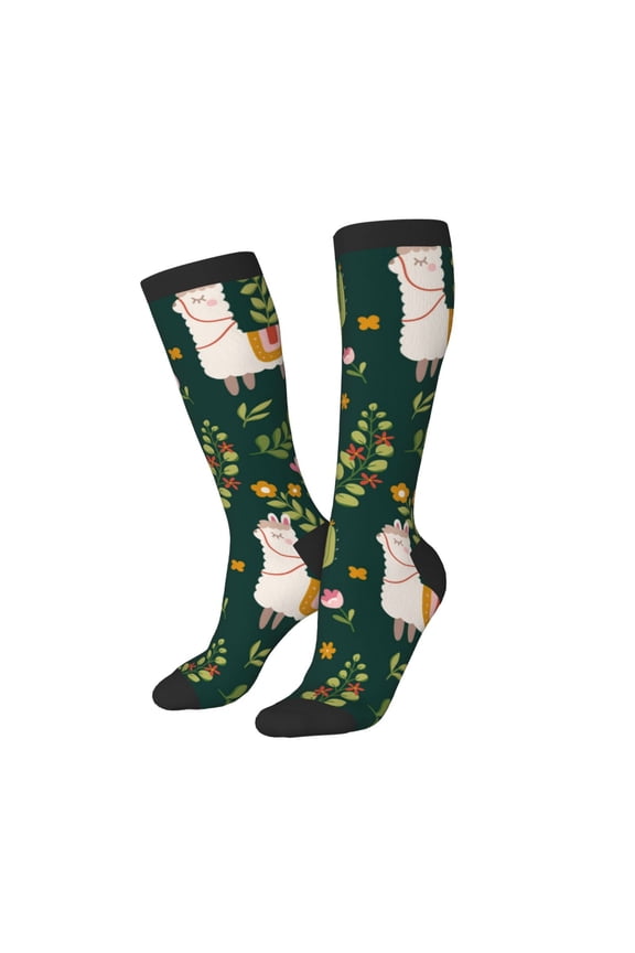 Knee High Socks for Women Men Athletic - Cartoon Cute Alpaca Cactus Plant Thigh-High Black Sole Comfort Breathable Long Socks for Casual Travel Running