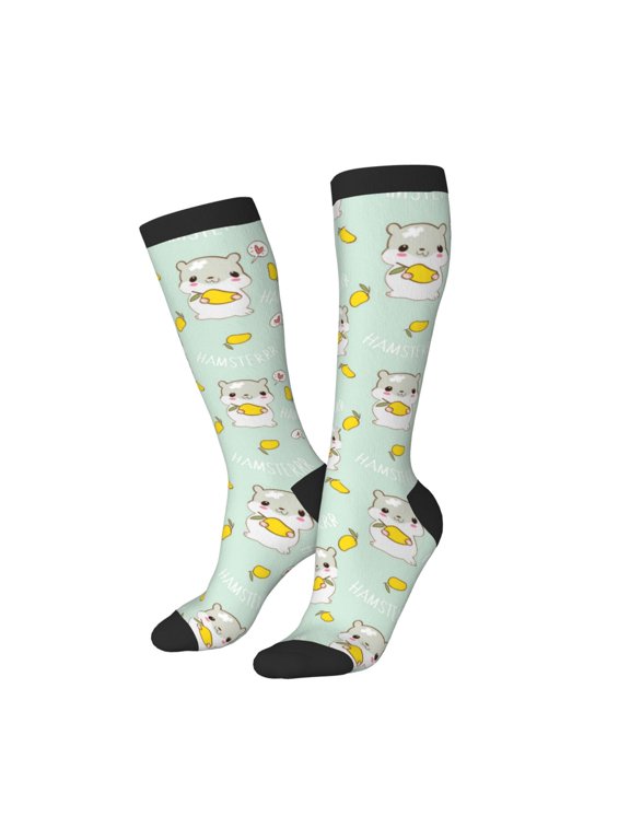 Knee High Socks for Women Men Athletic - Cartoon Cute Hamster Mango Green Thigh-High Black Sole Comfort Breathable Long Socks for Casual Travel Running