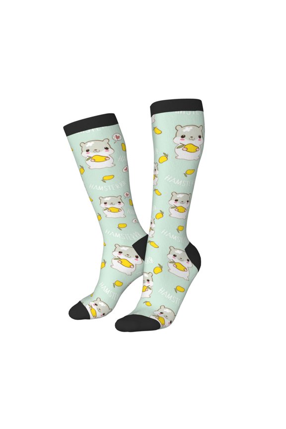 Knee High Socks for Women Men Athletic - Cartoon Cute Hamster Mango Green Thigh-High Black Sole Comfort Breathable Long Socks for Casual Travel Running