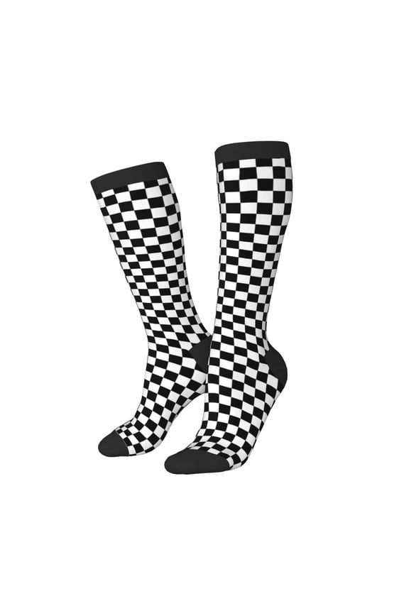 Knee High Socks for Women Men Athletic - Chessboard Checkerboard black white Thigh-High Black Sole Comfort Breathable Long Socks for Casual Travel Running