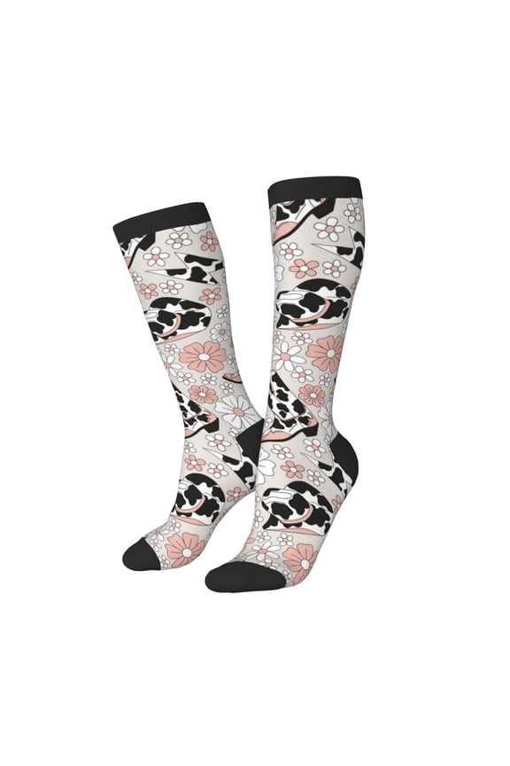 Knee High Socks for Women Men Athletic - Cow Print Cowboy Hat Boots Flower Thigh-High Black Sole Comfort Breathable Long Socks for Casual Travel Running