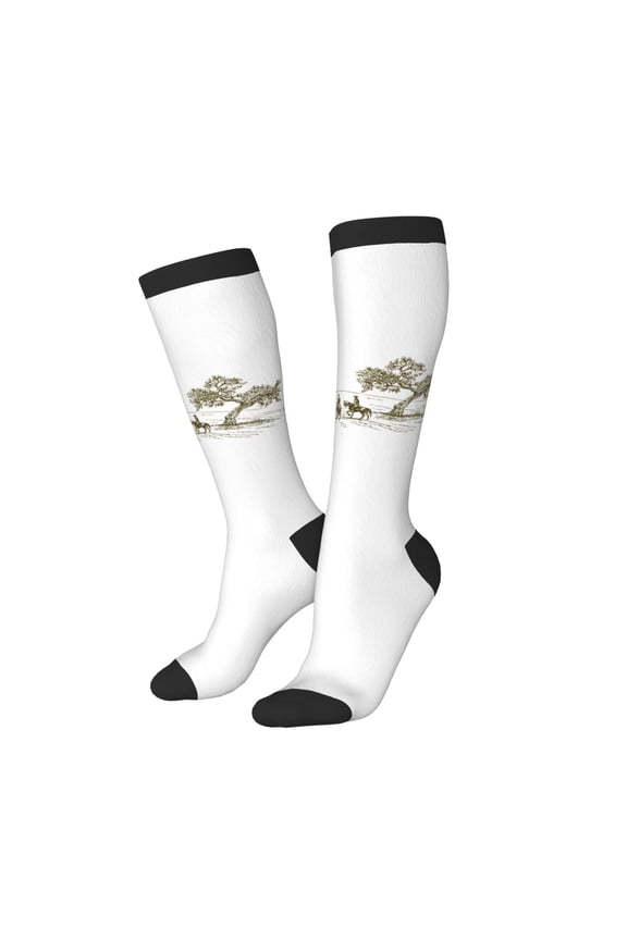 Knee High Socks for Women Men Athletic - Cowboys Riding A Horse Near A Tree Thigh-High Black Sole Comfort Breathable Long Socks for Casual Travel Running