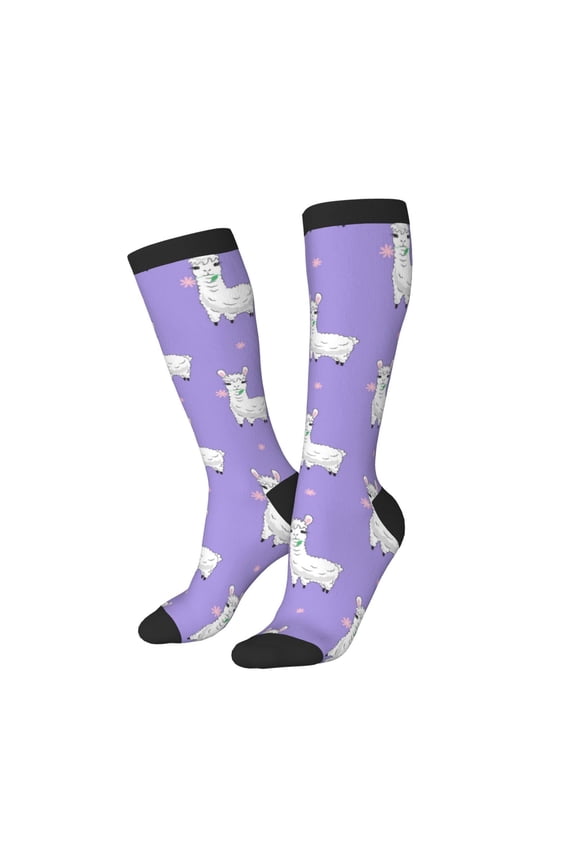 Knee High Socks for Women Men Athletic - Cute Alpaca Eating Grass Purple Thigh-High Black Sole Comfort Breathable Long Socks for Casual Travel Running