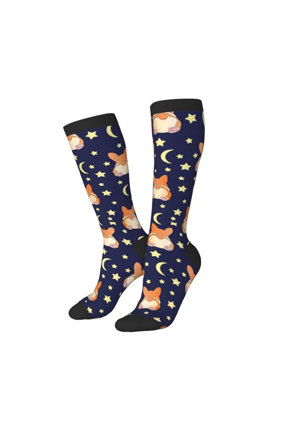 Knee High Socks for Women Men Athletic - Cute Corgi Dog Funny Moon Stars Thigh-High Black Sole Comfort Breathable Long Socks for Casual Travel Running