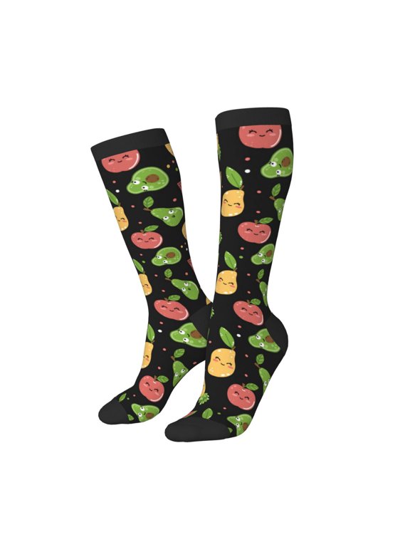 Knee High Socks for Women Men Athletic - Cute Pear Mango Watermelon Pineapple Thigh-High Black Sole Comfort Breathable Long Socks for Casual Travel Running