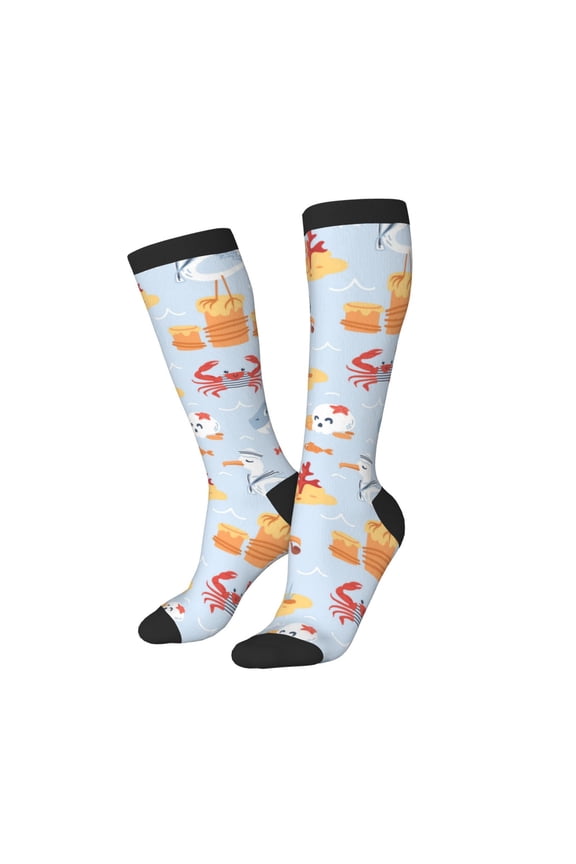 Knee High Socks for Women Men Athletic - Funny Cute Shark Pirate Duck Crab Thigh-High Black Sole Comfort Breathable Long Socks for Casual Travel Running