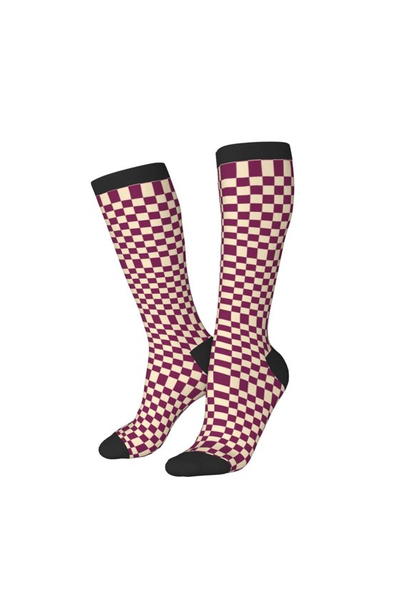 Knee High Socks for Women Men Athletic - Groovy hippie checkered vintage Thigh-High Black Sole Comfort Breathable Long Socks for Casual Travel Running