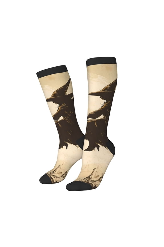 Knee High Socks for Women Men Athletic - Halloween Broomstick Witch Flying Thigh-High Black Sole Comfort Breathable Long Socks for Casual Travel Running