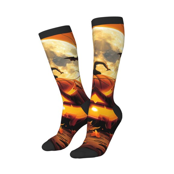 Knee High Socks for Women Men Athletic - Halloween Full Moon Pumpkin Bat Thigh-High Black Sole Comfort Breathable Long Socks for Casual Travel Running