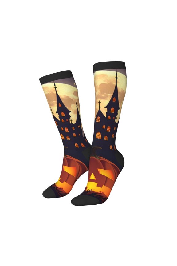 Knee High Socks for Women Men Athletic - Halloween Haunted Pumpkin Castle Thigh-High Black Sole Comfort Breathable Long Socks for Casual Travel Running