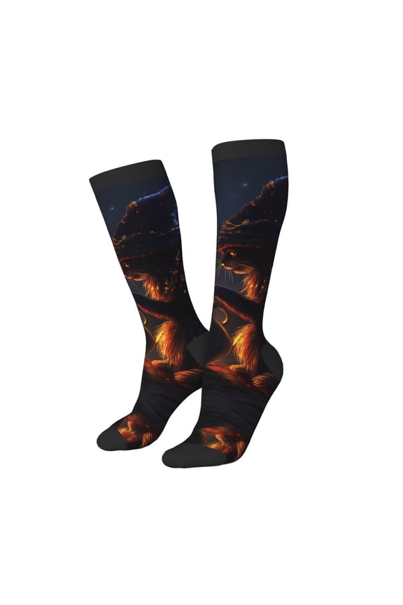 Knee High Socks for Women Men Athletic - Halloween Vintage Black Cat Witch Thigh-High Black Sole Comfort Breathable Long Socks for Casual Travel Running