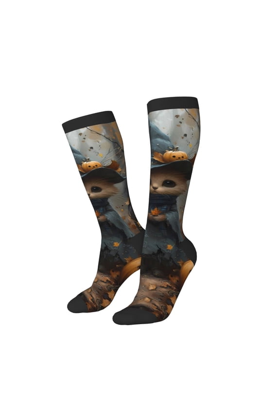 Knee High Socks for Women Men Athletic - Halloween Witch Cat with Pumpkins Thigh-High Black Sole Comfort Breathable Long Socks for Casual Travel Running