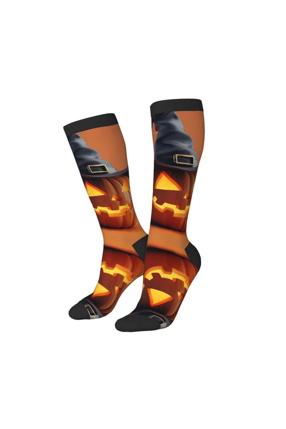 Knee High Socks for Women Men Athletic - Halloween Witch Hat Pumpkin Cute Thigh-High Black Sole Comfort Breathable Long Socks for Casual Travel Running