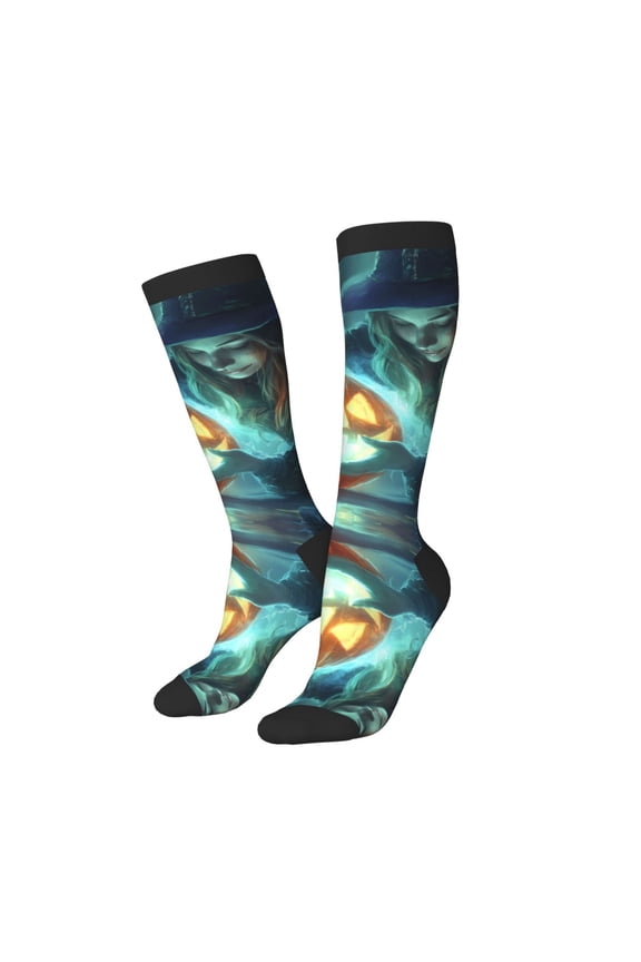 Knee High Socks for Women Men Athletic - Halloween Witch Mysterious Pumpkin A Thigh-High Black Sole Comfort Breathable Long Socks for Casual Travel Running