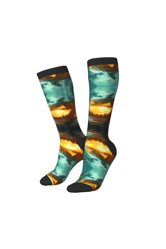 Knee High Socks for Women Men Athletic - Halloween Witch Mysterious Pumpkin B Thigh-High Black Sole Comfort Breathable Long Socks for Casual Travel Running