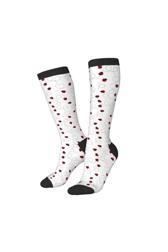 Knee High Socks for Women Men Athletic - Ladybugs Flying On Dotted Route Thigh-High Black Sole Comfort Breathable Long Socks for Casual Travel Running