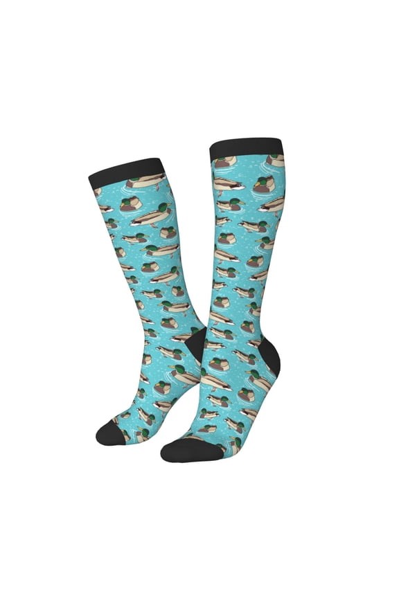 Knee High Socks for Women Men Athletic - Mallard Ducks Swimming In The Lake Thigh-High Black Sole Comfort Breathable Long Socks for Casual Travel Running