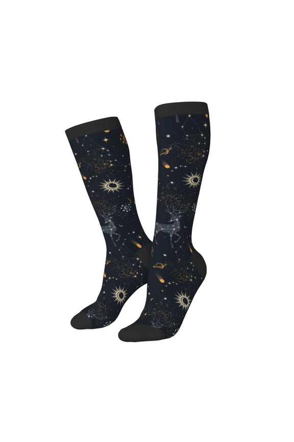Knee High Socks for Women Men Athletic - Milky Way Sun Constellation Deer Thigh-High Black Sole Comfort Breathable Long Socks for Casual Travel Running