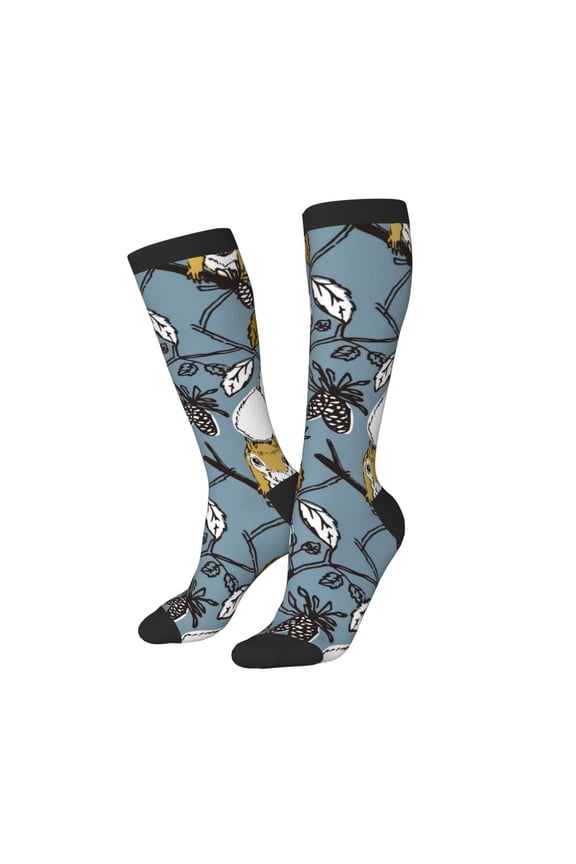 Knee High Socks for Women Men Athletic - Painted cute squirrel pine cone Thigh-High Black Sole Comfort Breathable Long Socks for Casual Travel Running
