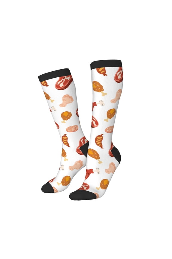 Knee High Socks for Women Men Athletic - Steak Hot Dog Chicken Leg Print Thigh-High Black Sole Comfort Breathable Long Socks for Casual Travel Running