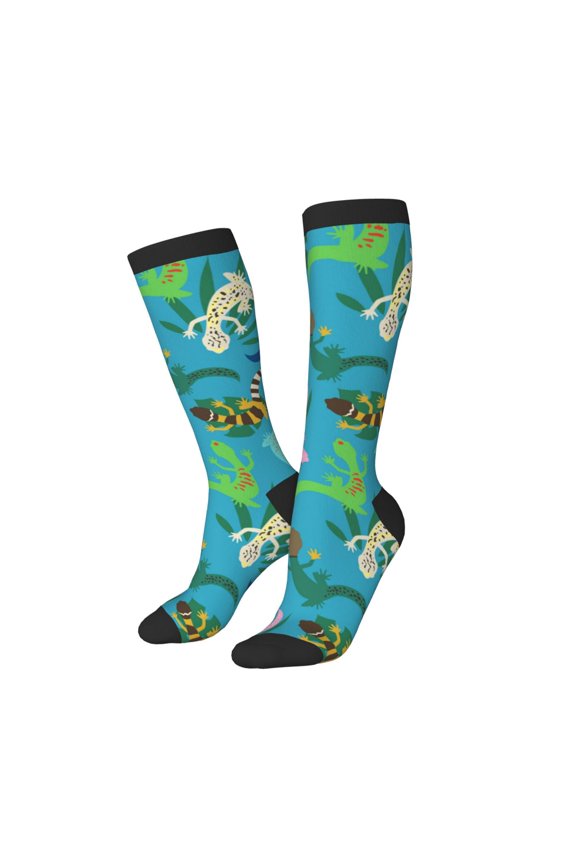 Knee High Socks for Women Men Athletic - Striped Cute Lizard Gecko Plant_B Thigh-High Black Sole Comfort Breathable Long Socks for Casual Travel Running