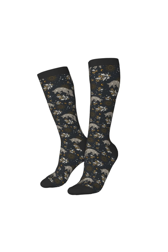 Knee High Socks for Women Men Athletic - Vintage Moon with Plants and Fox Thigh-High Black Sole Comfort Breathable Long Socks for Casual Travel Running