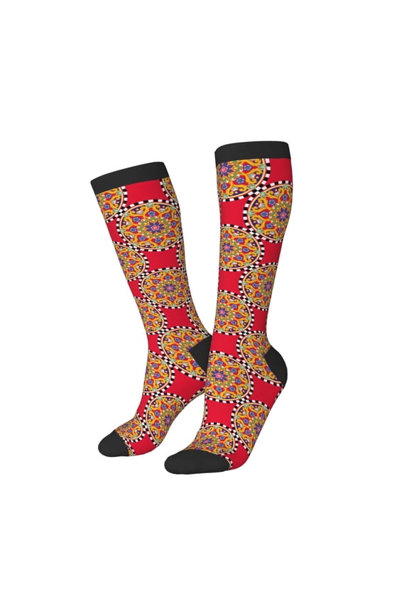 Knee High Socks for Women Men Athletic - trendy bright red checkered pattern Thigh-High Black Sole Comfort Breathable Long Socks for Casual Travel Running