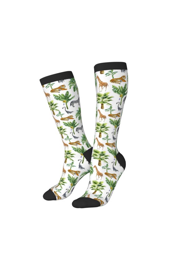 Knee High Socks for Women Men Athletic - zebra tiger Giraffe Tropical palm tree Thigh-High Black Sole Comfort Breathable Long Socks for Casual Travel Running