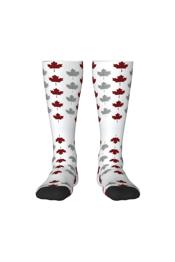 Knee High Socks for Women Gray Red Canada Maple Leaf Long Tube Sock Uniform Socks