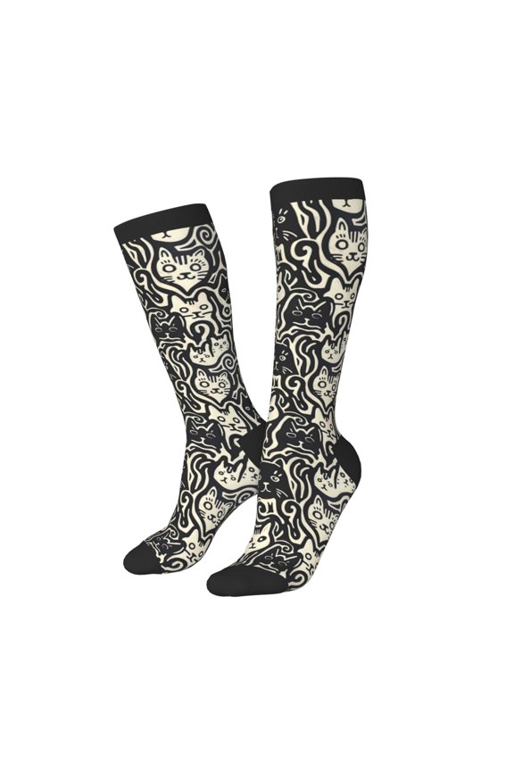 Knee High Socks for Women Men Athletic - Abstract Cat Faces Pattern Thigh-High Black Sole Comfort Breathable Long Socks for Casual Travel Running