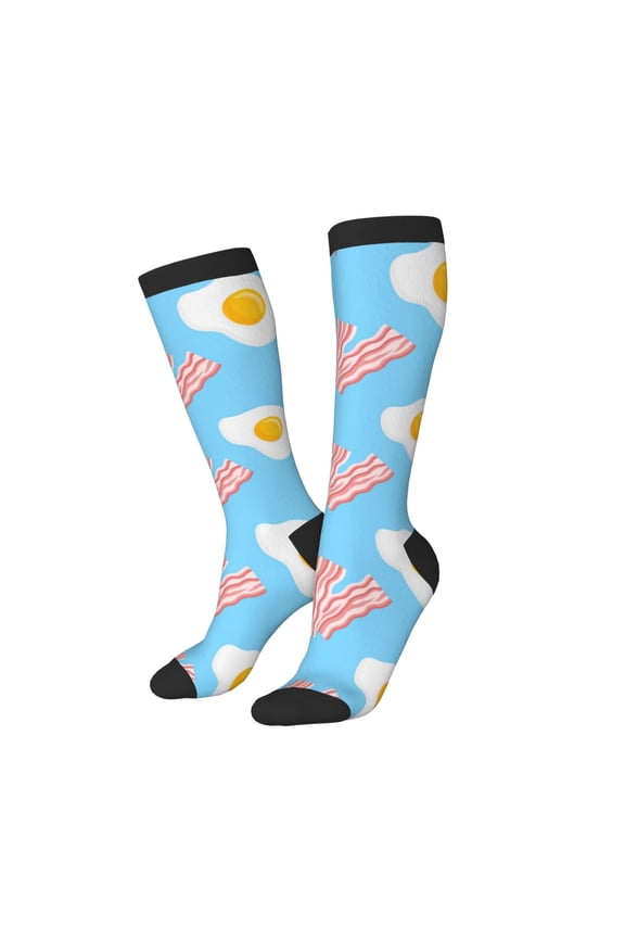 Knee High Socks for Women Men Athletic - Bacon Print Blue Thigh-High Black Sole Comfort Breathable Long Socks for Casual Travel Running