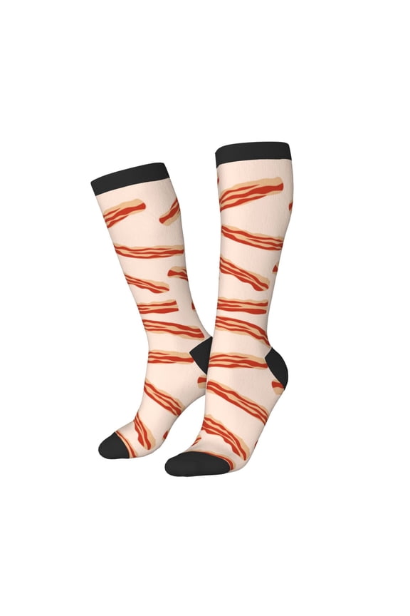 Knee High Socks for Women Men Athletic - Bacon Print No.909 Thigh-High Black Sole Comfort Breathable Long Socks for Casual Travel Running