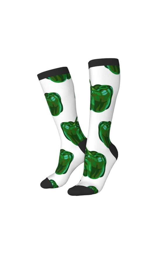 Knee High Socks for Women Men Athletic - Bell Pepper Pattern green Thigh-High Black Sole Comfort Breathable Long Socks for Casual Travel Running