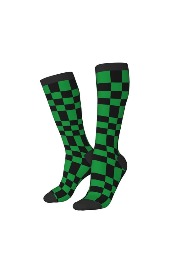 Knee High Socks for Women Men Athletic - Black green checkered Thigh-High Black Sole Comfort Breathable Long Socks for Casual Travel Running